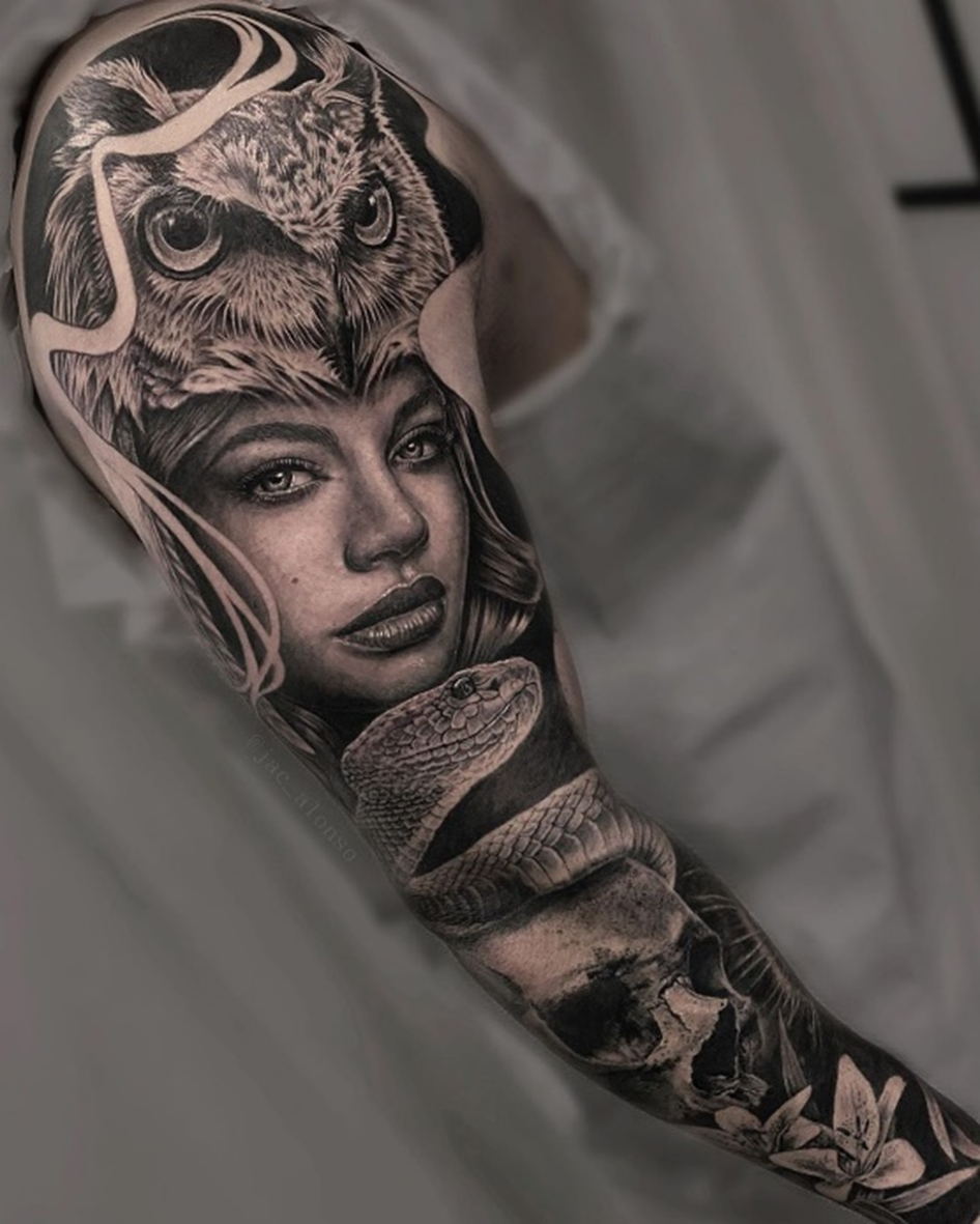 Black and grey sleeve tattoo by Laky Tattoo  Post 23942