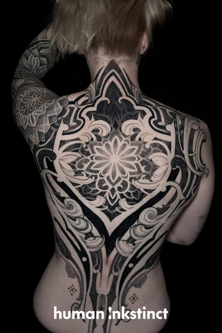 mandala geometry woman backpiece