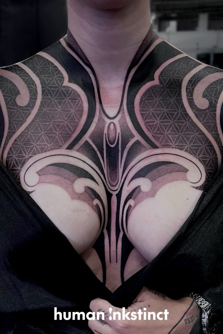 chestpiece woman mandala blackwork geometry